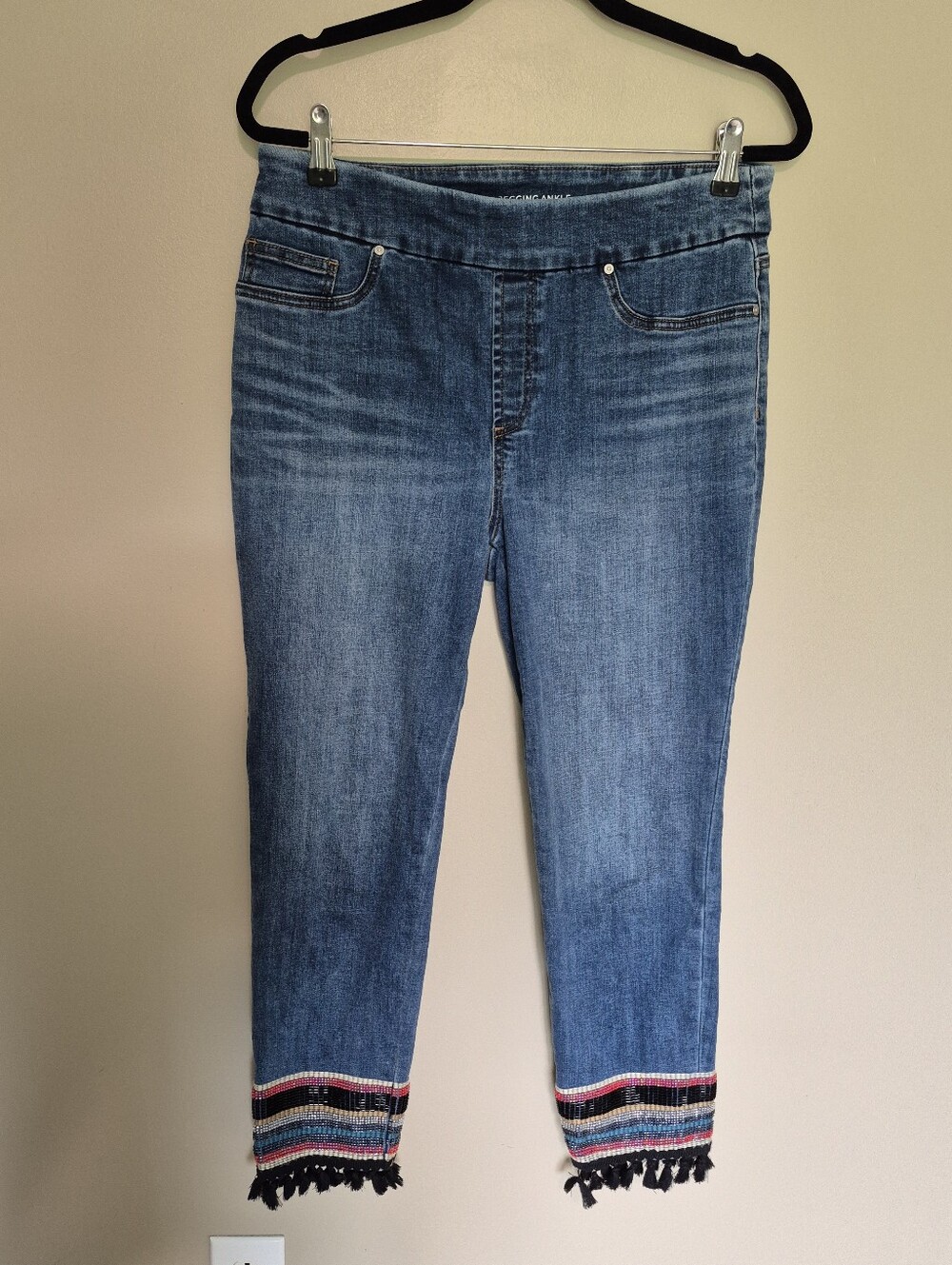 Chico's Midwash Cropped Jeans with Embroidered Striped Hem